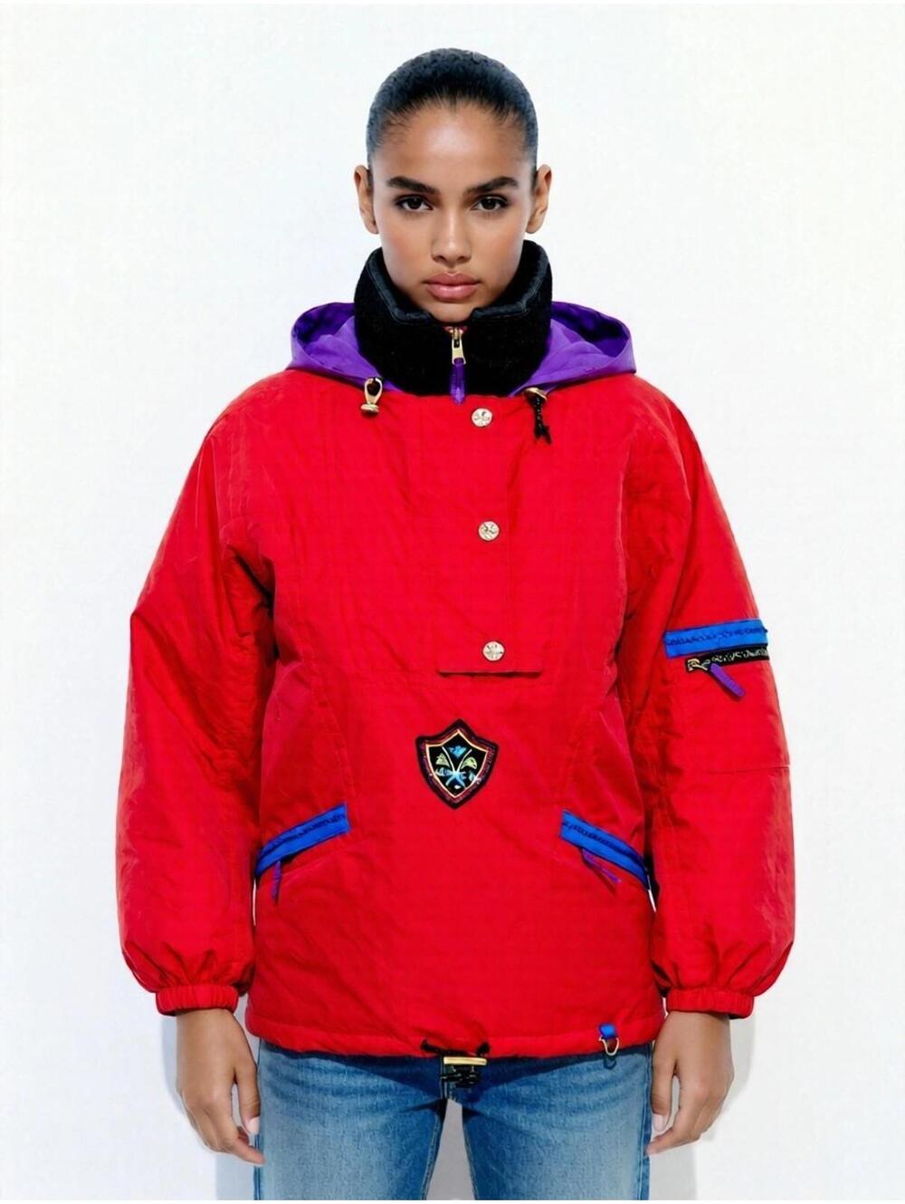 Vintage Unisex Obermeyer Red Jacket Warm Black Purple Collard Hoodie Nylon XL